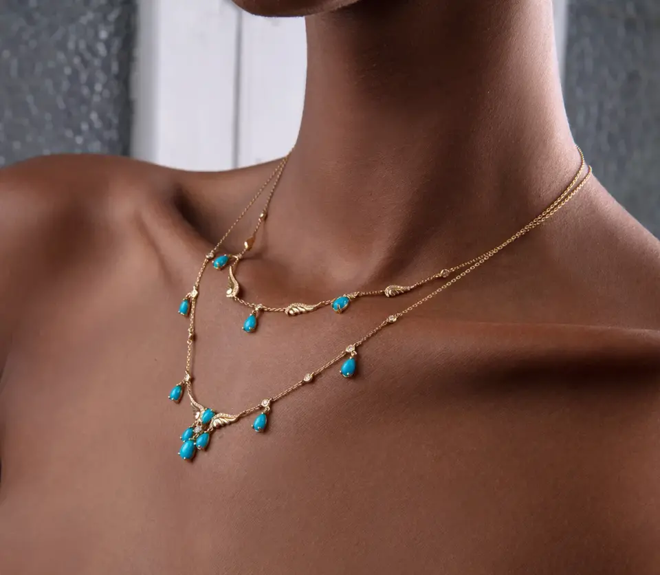 vs diamonds & 18k gold necklace designed with turquoise gems designer jewellery in UAE, KSA, NY