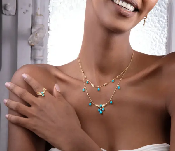 turquoise necklace and turquoise ring vs diamonds 18k gold designer jewellery in UAE KSA NY