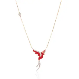 Red Diamond Bird & 18k gold Necklace , unique designer jewellery in uae, ksa & NY