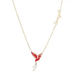 Red Diamond Bird Necklace with the word strength unique designer jewellery in uae ksa NY